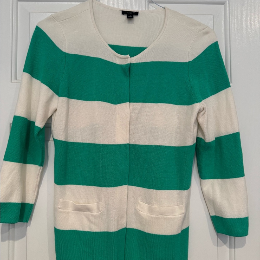 Ann Taylor Bold Green and Cream Striped Cardigan
